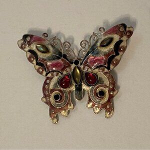 BROOCH BUTTERFLY ENAMEL BEADED WHITE GRAY PINK SILVER VERY DETAILED